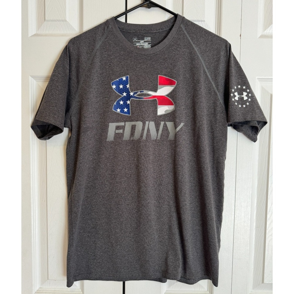 Under Armour FDNY American Flag Graphic Gray T-Shirt HeatGear Loose Fit Men's S